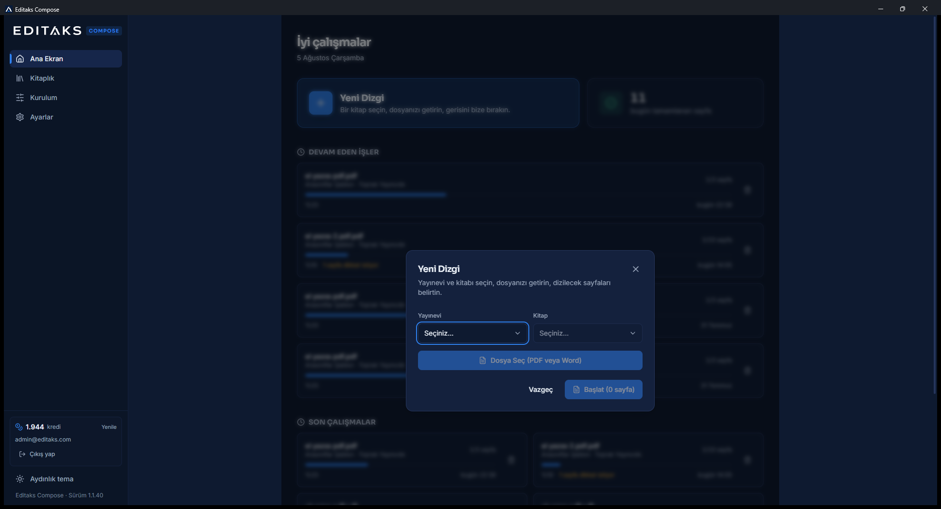 Editaks Compose — yeni dizgi başlatma ekranı