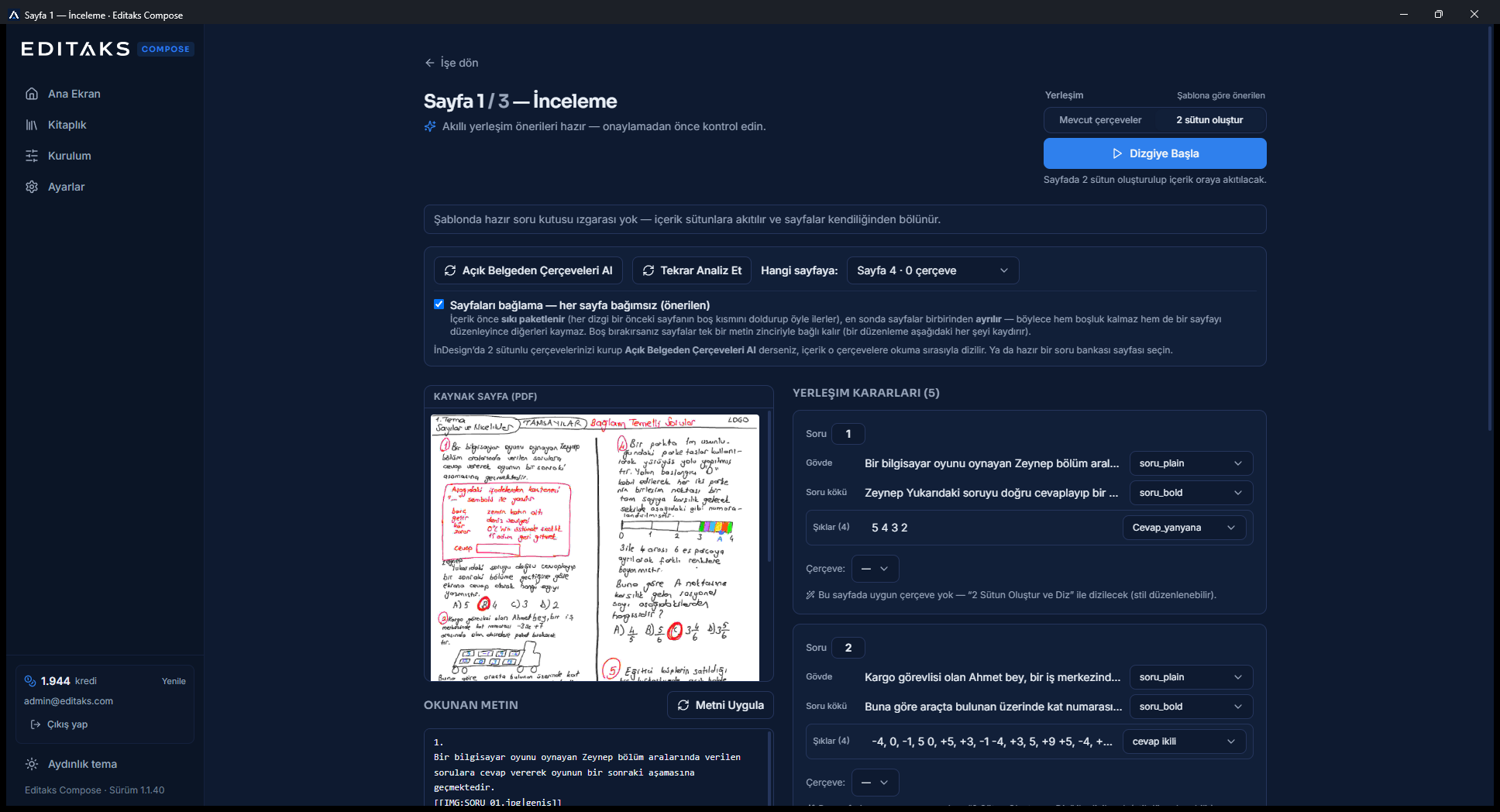 Editaks Compose — solda el yazısı kaynak sayfa, sağda yapay zekânın çıkardığı yapılandırılmış sorular